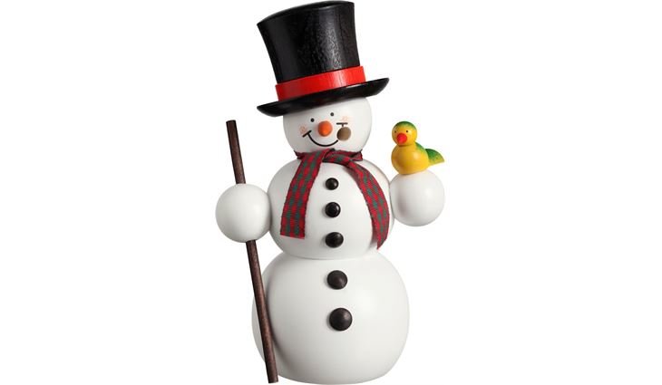 Seiffener Volkskunst Räucherfigur Schneemann mit Vogel